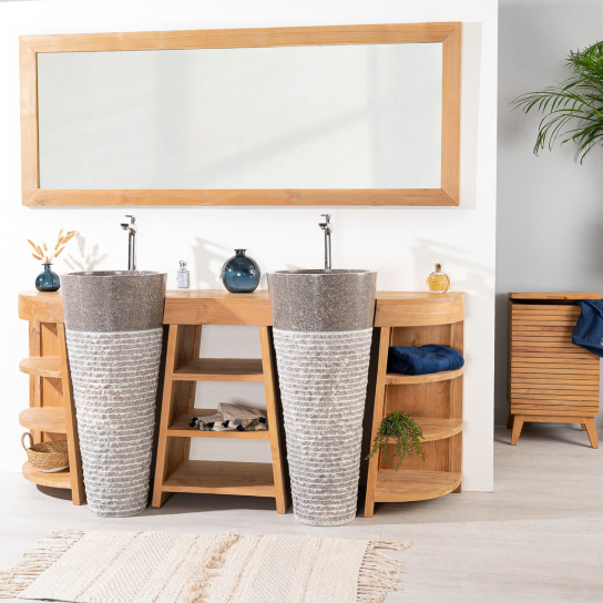 Florence teak double-sink bathroom vanity unit 180 cm + grey sinks