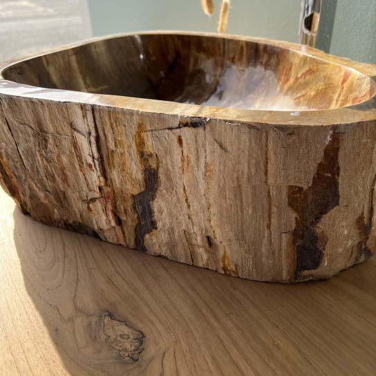 Grande vasque à poser en bois pétrifié brun 50cm