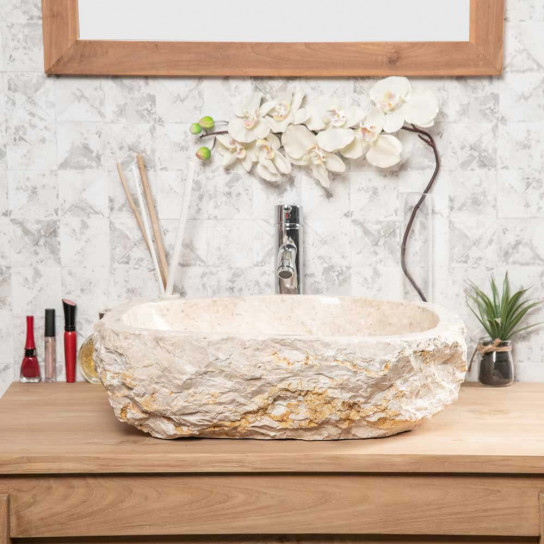 Grande vasque de salle de bain à poser Roc en marbre crème 45-55 cm