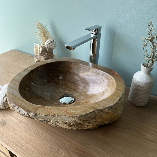 Lavabo de salle de bain en bois pétrifié fossilisé beige et noir 40 cm