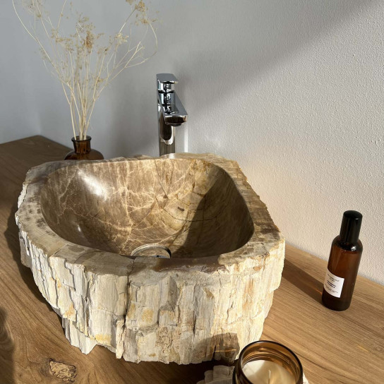 Lavabo de salle de bain en bois pétrifié fossilisé marron 50 cm