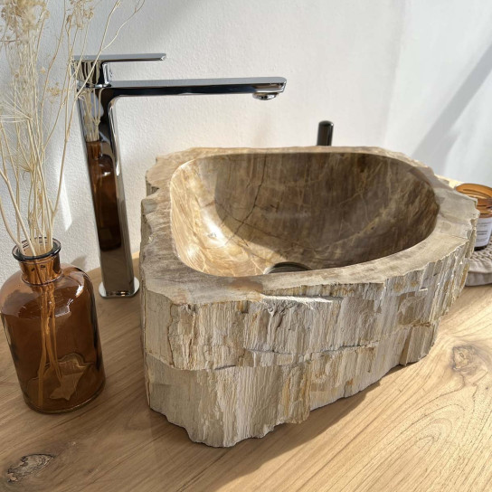 Lavabo de salle de bain en bois pétrifié fossilisé marron 50 cm