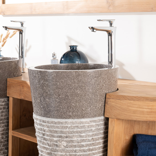 Meuble de salle de bain en teck Florence double 180cm + vasques gris