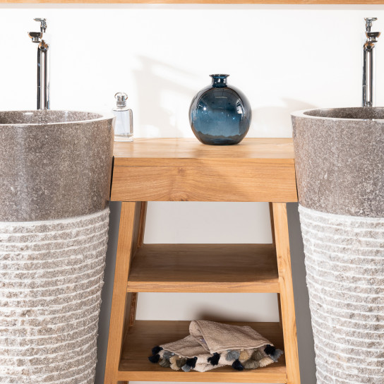 Meuble de salle de bain en teck Florence double 180cm + vasques gris