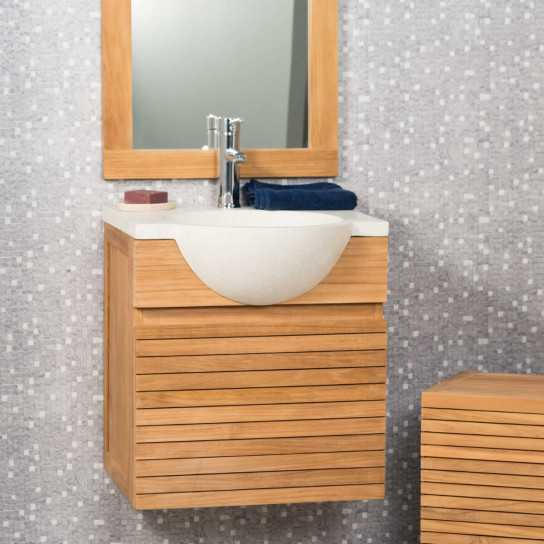 Meuble salle de bain suspendu avec vasque teck 50 Contemporain crème