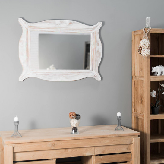 Miroir Moderne en bois patiné cérusé blanc 70 x 100cm