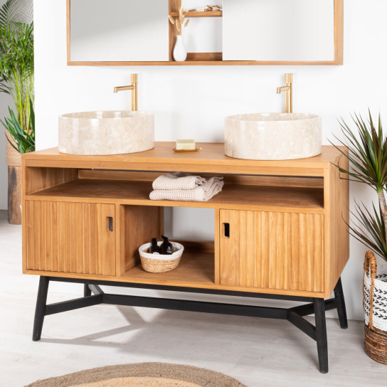 Mya teak double-sink vanity unit 130 cm