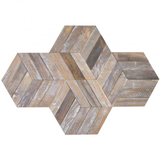 Parement en teck recyclé patiné hexagonal plaque 28x24 cm