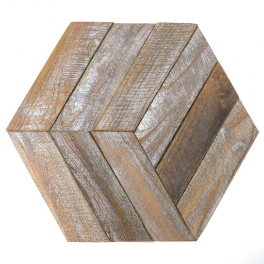 Parement en teck recyclé patiné hexagonal plaque 28x24 cm