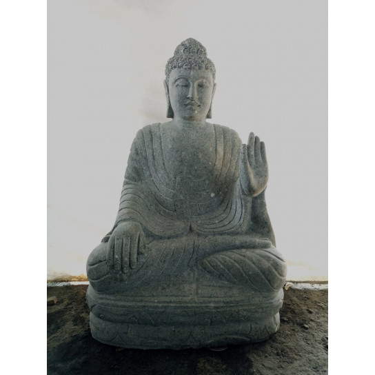 Statue exterieur bouddha assis pierre volcanique position méditation 1m