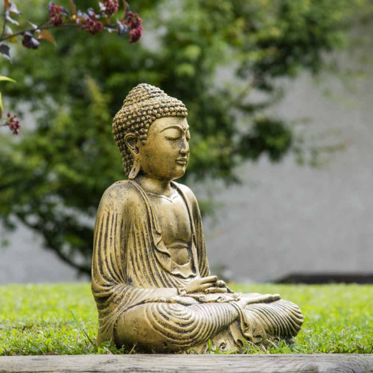 Statue bouddha assis position offrande doré 42 cm