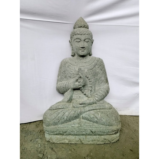 Statue de jardin bouddha assis en pierre offrande et chapelet 80cm