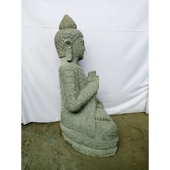 Statue de jardin bouddha assis en pierre offrande et chapelet 80cm