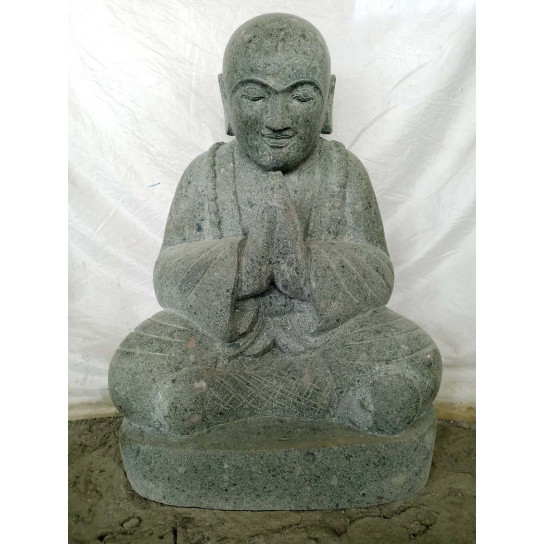 Statue en pierre de lave moine shaolin position prière 80 cm