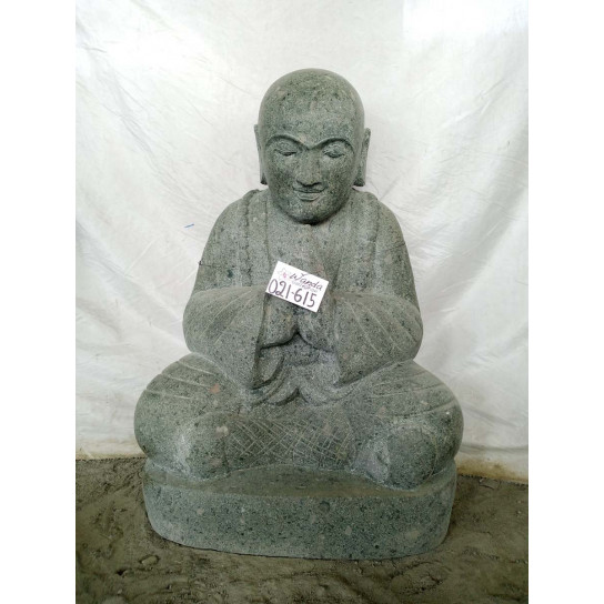 Statue en pierre de lave moine shaolin position prière 80 cm