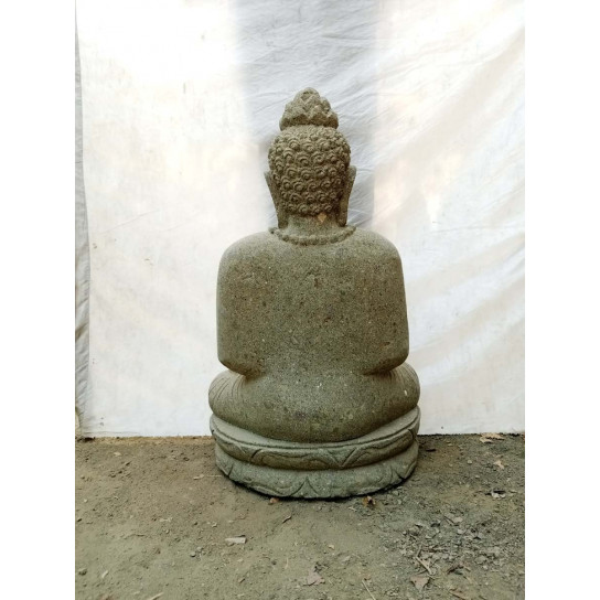 Statue exterieur jardin zen bouddha en pierre volcanique assis collier 80 cm