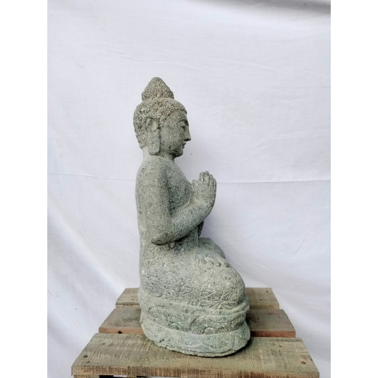 Statue extérieur zen bouddha assis pierre volcanique position prière 50 cm