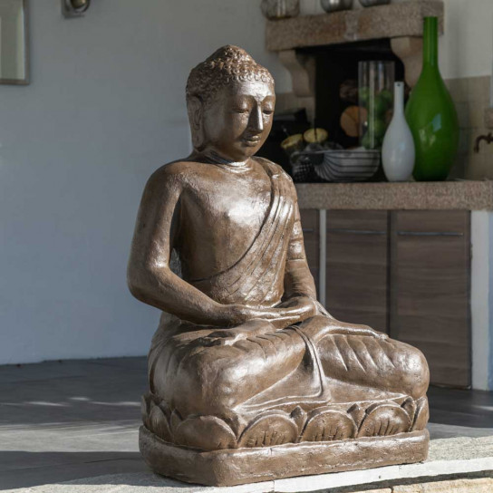 Statue jardin bouddha assis en fibre position offrande 105 cm brun
