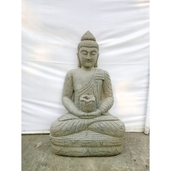 Statue jardin bouddha assis en pierre volcanique bol à offrande 100cm
