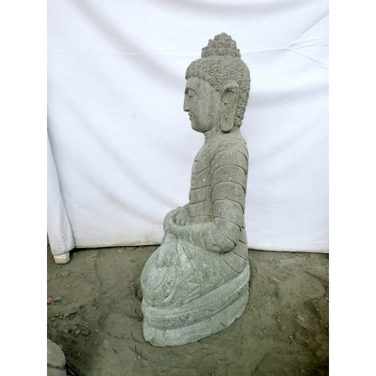 Statue jardin bouddha assis en pierre volcanique position méditation 80cm