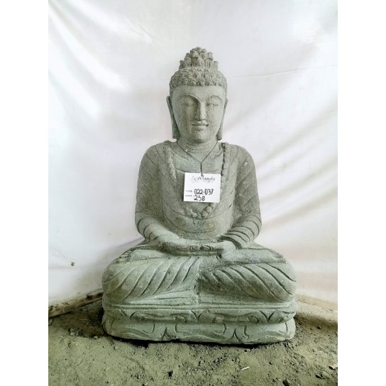 Statue jardin bouddha assis en pierre volcanique position méditation 80cm