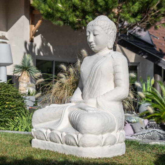 Statue jardin bouddha assis fibre de verre offrande 105cm blanc