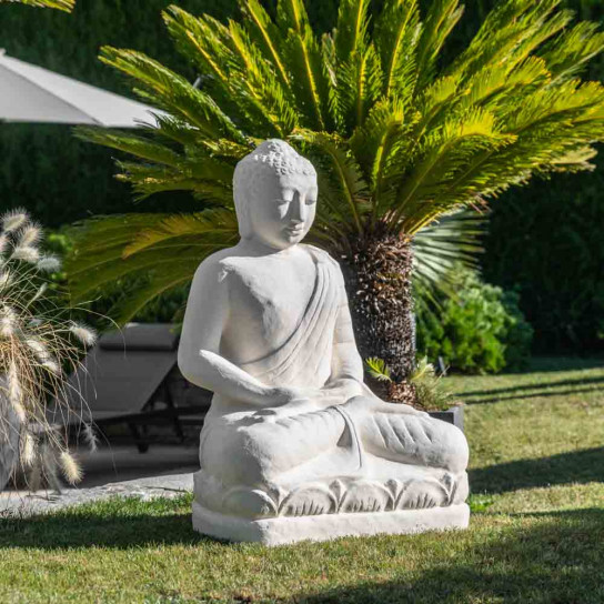 Statue jardin bouddha assis fibre de verre offrande 105cm blanc