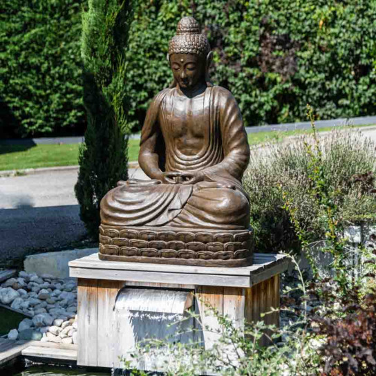Statue jardin bouddha assis fibre de verre position chakra 150cm brun