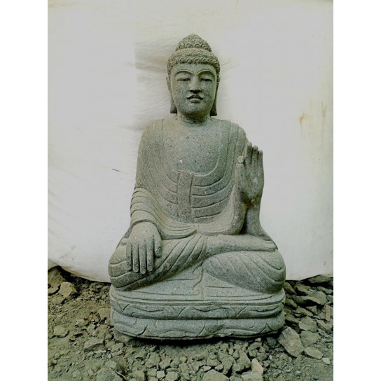Statue jardin bouddha assis pierre volcanique position méditation 1m