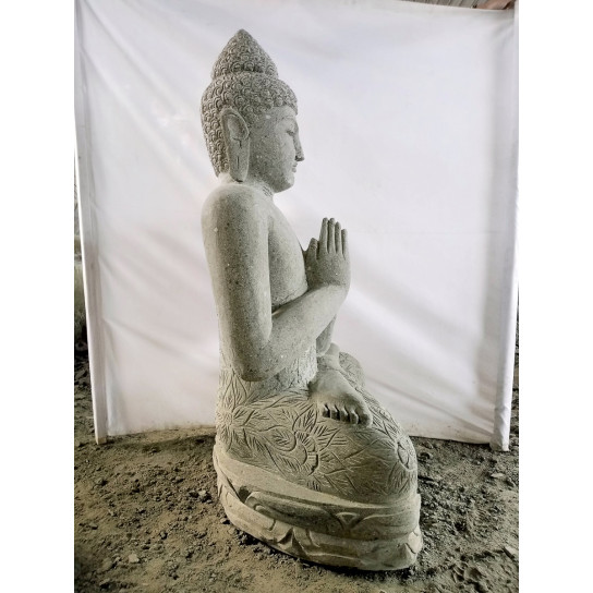 Statue jardin bouddha assis pierre volcanique position prière 1m20