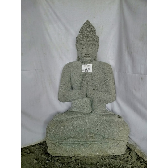 Statue jardin bouddha assis pierre volcanique position prière 1m20