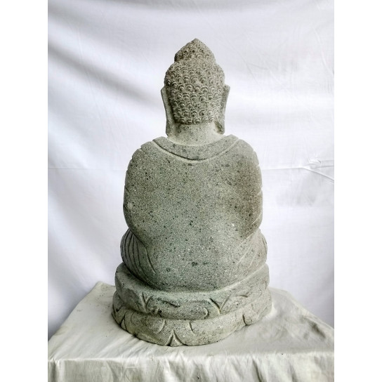 Statue jardin exterieur bouddha assis pierre volcanique abhaya mudra 50 cm