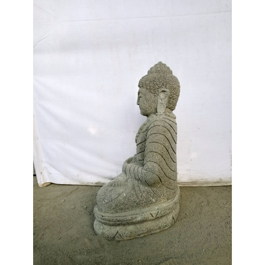Statue jardin exterieur bouddha assis pierre volcanique collier 50 cm