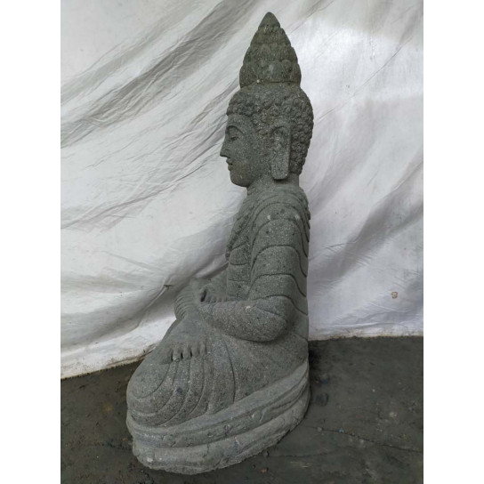 Statue jardin exterieur bouddha assis pierre volcanique collier 80 cm