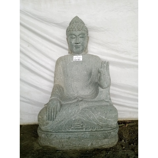 Statue jardin exterieur bouddha assis pierre volcanique meditation 1m20