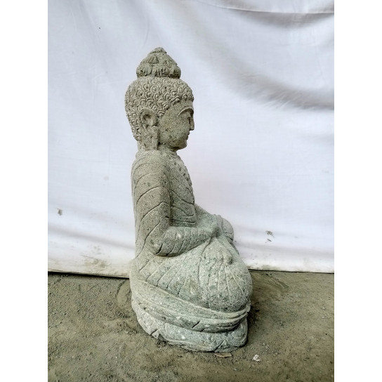 Statue jardin extérieur bouddha assis pierre volcanique position offrande 50 cm