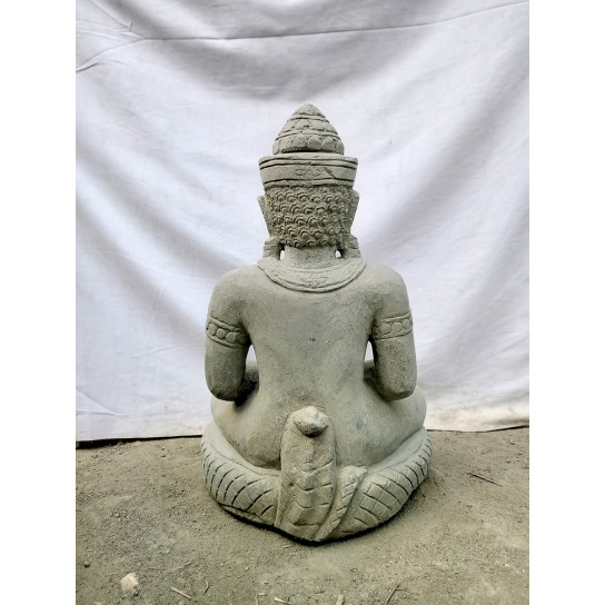 Statue jardin exterieur bouddha khmer assis pierre volcanique offrande 60 cm