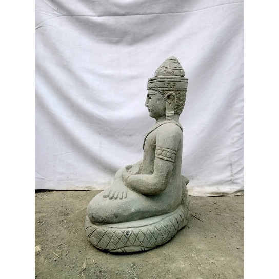 Statue jardin exterieur bouddha khmer assis pierre volcanique offrande 60 cm
