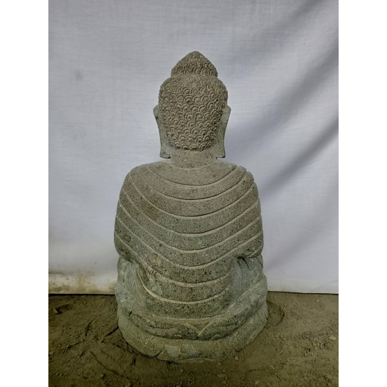 Statue jardin exterieur bouddha sérénité assis pierre volcanique chapelet 50 cm