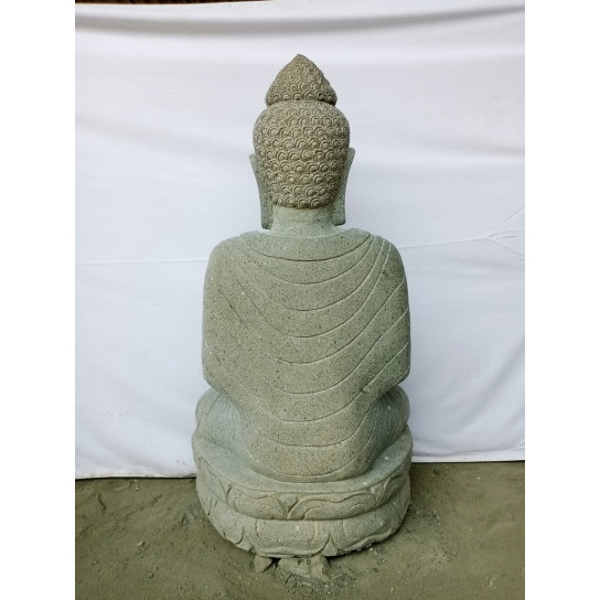 Statue jardin zen bouddha assis en pierre naturelle offrande et chapelet 1m20