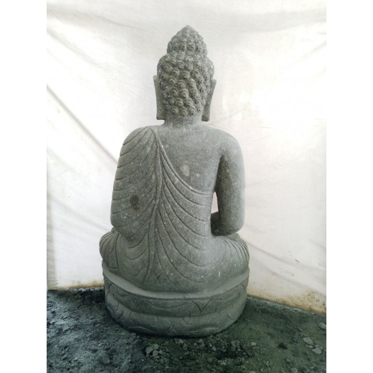 Statue jardin zen bouddha assis pierre volcanique bol à offrande 120 cm