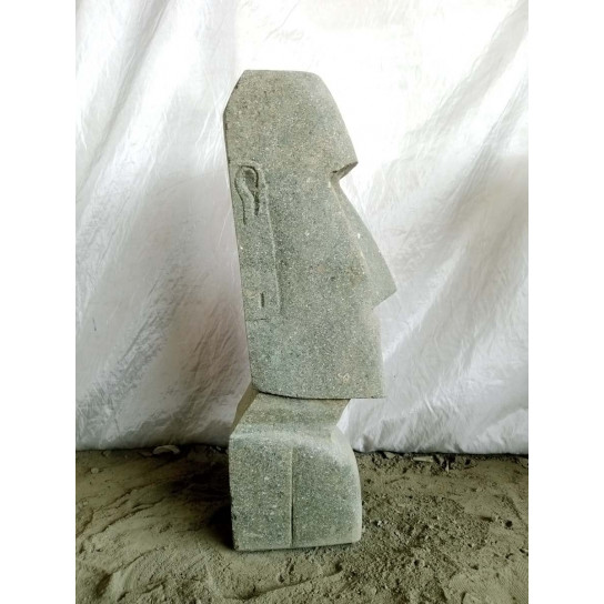 Statue jardin zen moaï visage allongé en pierre volcanique 60 cm