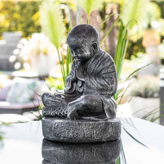 Statue moine shaolin assis gris patiné 40 cm