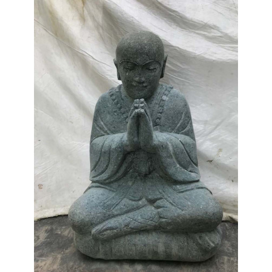 Statue moine shaolin prière assis en pierre de lave 60 cm