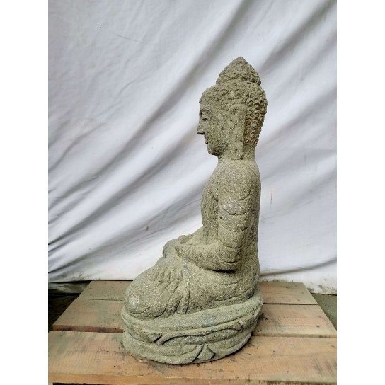Statue zen bouddha pierre volcanique position offrande 50 cm