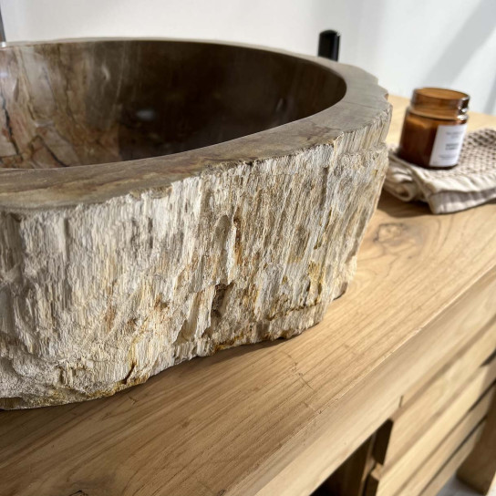 Vasque de salle de bain à poser en bois pétrifié fossilisé 45 cm