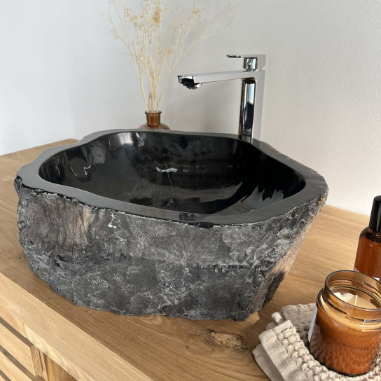 Vasque de salle de bain à poser en bois fossilisé noire