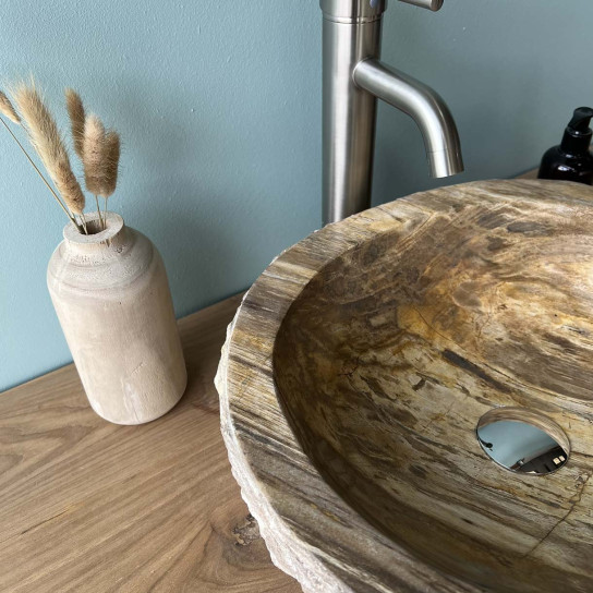 Vasque de salle de bain à poser en bois pétrifié brun
