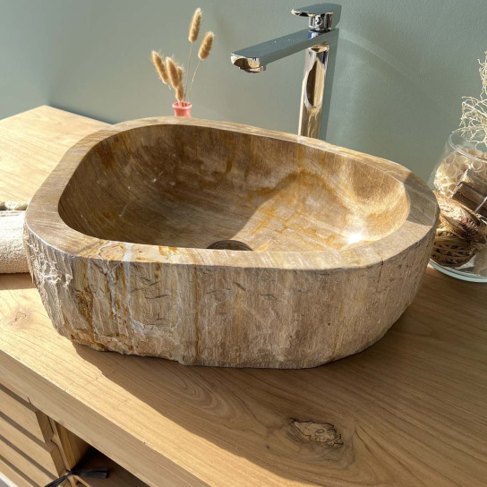 Vasque de salle de bain à poser en bois pétrifié fossilisé 40 cm
