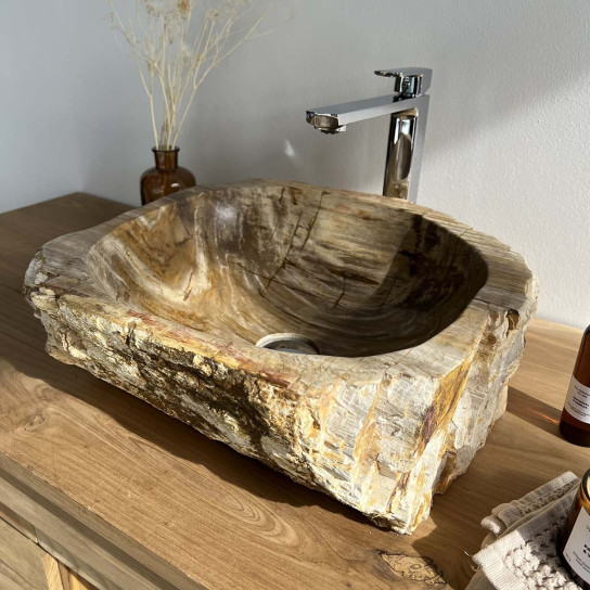 Vasque de salle de bain à poser en bois pétrifié fossilisé 51 cm
